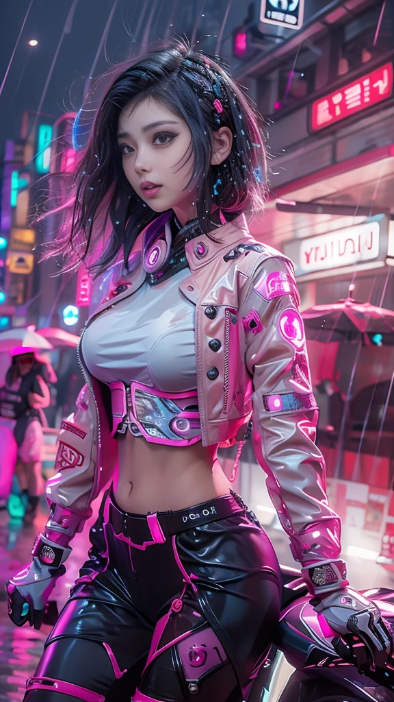 (Realistic:1.3, 16k, highest quality, masterpiece, Ultra-high resolution), ((rain, From below)), Perfect dynamic composition:1.2, (Modern futuristic city at night, Expressions of sadness:0.5, motorcycleを運転する:0.5), Highly detailed skin and facial textures:1.2, Young Japanese Woman, Incredibly slim body, Fair skin, Sexy beauty, Very beautiful face, beautifully、aesthetic, (Pink tight skirt, Wear cyberpunk clothes), (Shapely breasts, Chest gap), (Big eyes that exude beautiful eroticism, Lips that exude beautiful eroticism), necklace, Earrings, bracelet, wedding ring, Shoulder bag, clock, sunglasses, motorcycle, Cowboy Shot