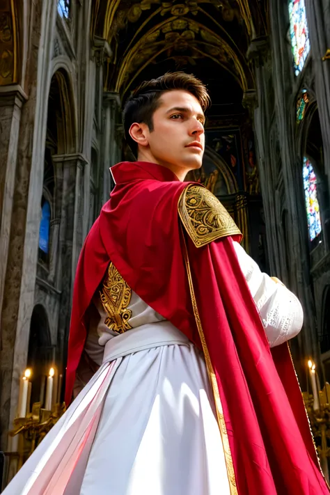 looking back, dariusferdynand wearing well-fitted sleeveless red and white sheer tight roman-catholic-pope robe-armor, looking a...