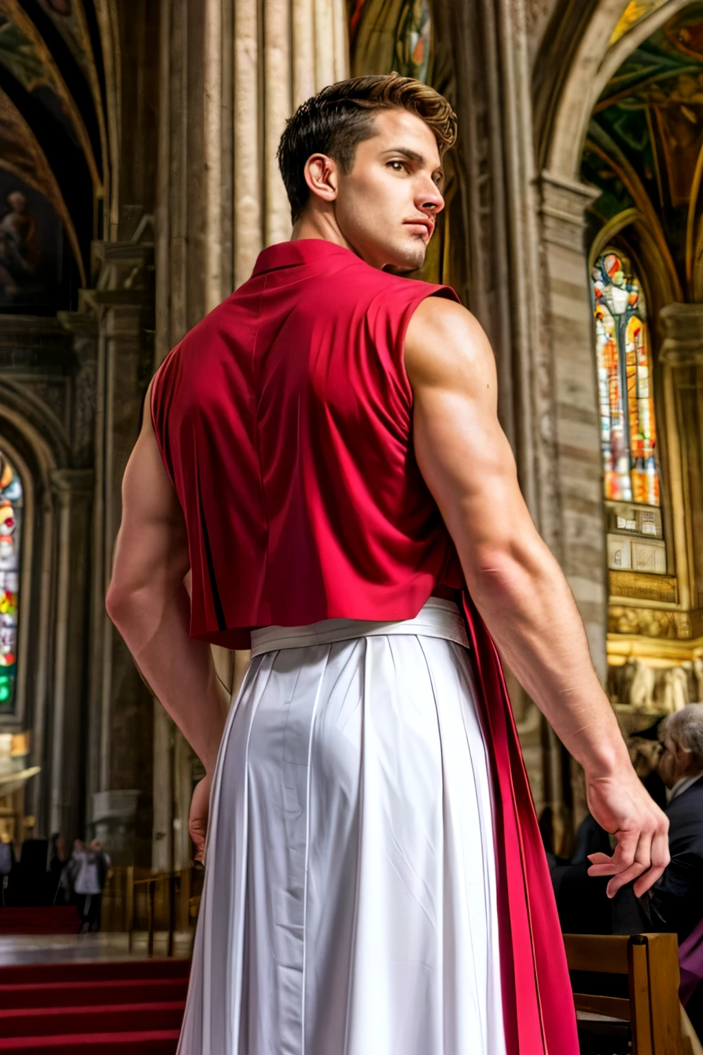 looking back, DariusFerdynand wearing well-fitted sleeveless red and white sheer tight Roman-Catholic-pope robe-armor, looking at viewer, peaceful and righteous expression, dynamic pose BREAK St. Peter's Basilica, Vatican, BREAK heroic, religious motifs, Chiaroscuro, Renaissance art, ecclesiastical power, BREAK realistic, cinematic, best quality, detailed background, depth of field, intricate details