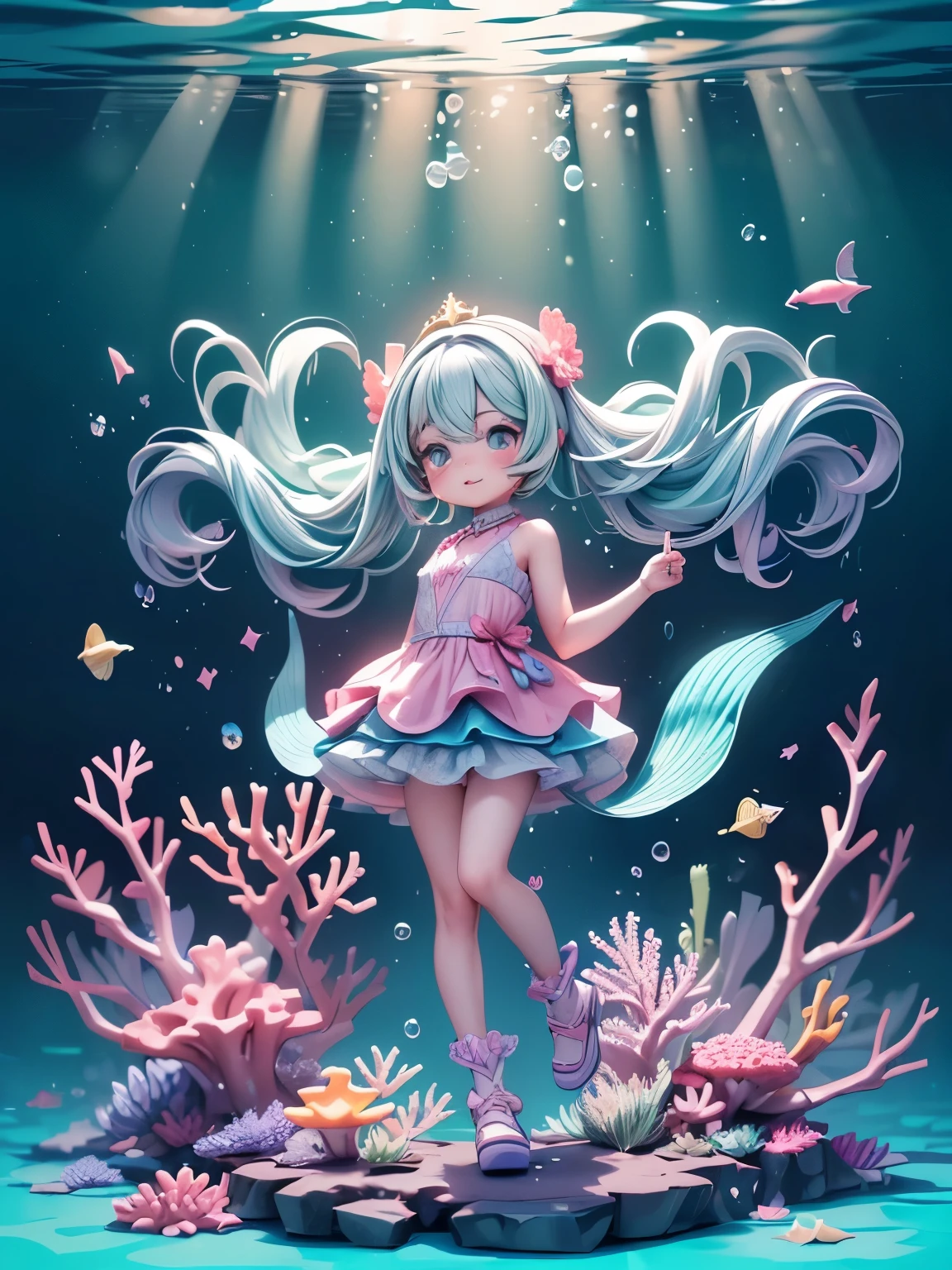 (masterpiece、highest quality、highest quality、Official Art、Beautiful and beautiful:1.2)、(One girl:1.3)Hatsune Miku、Twin tails,Big Breasts,(Tabletop, highest quality, Sharp focus:1.25), (Underwater, Underwater:1.3), One Girl, (Multicolored Hair, Gradient Hair, Two-tone hair, Gray Hair, Bright green hair, Light purple hair:1.3), (Shui Color、Bright green glowing eyes:1.23), (Coral Sea Star Crown:1.2), (Slanted Eyes, purple eye shadow, Long eyelashes, White eyelashes, lips:1.1), (pastelパープルの人fishの鱗, Mermaid End:1.2), (((pose for the audience, Full Body Shot))), Overall light purple, (scenery, Coral cake, Coral Reef, bubble, Seaweed, fish, Glitter, Inner strength:1.2) addition_detailed:0.5, addition_detailed:1, addition_detailed:1, addition_detailed:0, addition_detailed:2, Ink anime, レトロなArt Style, neon_ポップArt Style, Art Style, Pastor 1, Colorful mix, Multicolored Hair, Wavy Hair, (Korean webtoon girls, Big eyes, Shadow lipstick, cute face, Oval Face), Hmph, ((cute, cute, cute, anime, pastel)), Kawaii Tech, pastelカラー, cute, cute colors