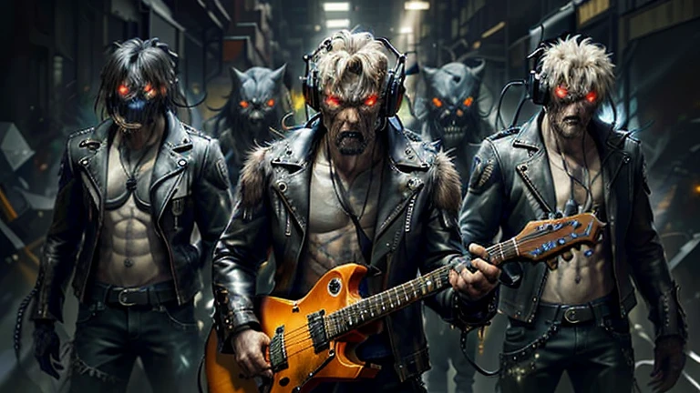 Man with intense gaze and disheveled hair, dressed in leather jacket and headphones, faces a horde of snarling demons with glowing eyes, emitting ominous growls. Amidst the chaos, he strums his electric guitar, its strings casting a fierce, ethereal glow as he plays heavy metal, amplifying his defiance against the demonic horde.