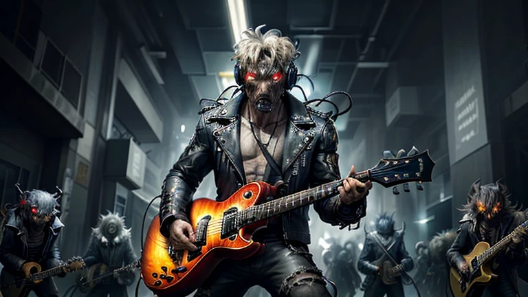 Man with intense gaze and disheveled hair, dressed in leather jacket and headphones, faces a horde of snarling demons with glowing eyes, emitting ominous growls. Amidst the chaos, he strums his electric guitar, its strings casting a fierce, ethereal glow as he plays heavy metal, amplifying his defiance against the demonic horde.