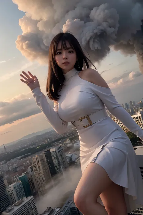 Giantess usando vestido curto, GTS cidade do ano 3333, City buildings, smoke billowing, nuvem, tornado, raios, Evil, realistic l...