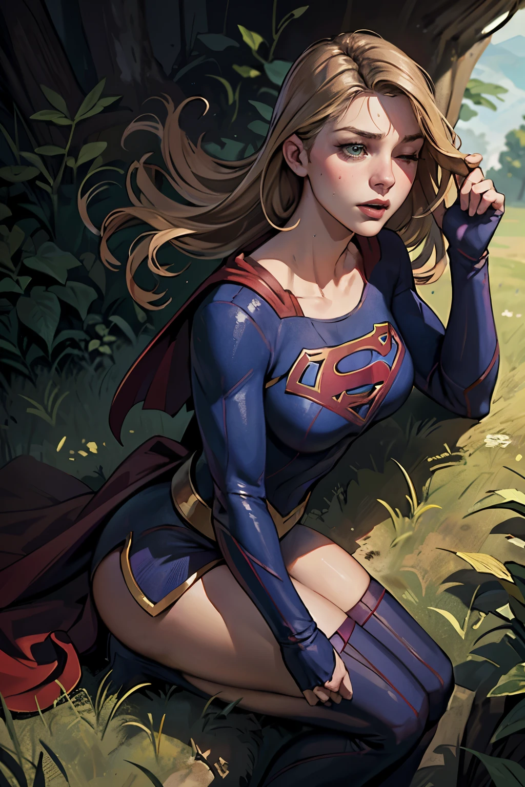 ((highest quality)), ((masterpiece)), (be familiar with), (High definition), (Realistic), (Realistic), (Best Shadow), Low contrast, (Complex:1.4), Side lighting, 8K, ((melissa Benoist)), ((SUPER GIRL)), Perfect Face、Detailed、(Accurate hand and finger depiction)、supergirl women、Blonde、Voluptuous body、(Large Breasts)、Narrow waist、(Big Ass)、Alluring、glamorous、(Lying on the ground:1.3)、Eyes closed、(Anguished expression:1.1)、sweating、On the grass、in the deep forest、blue sky