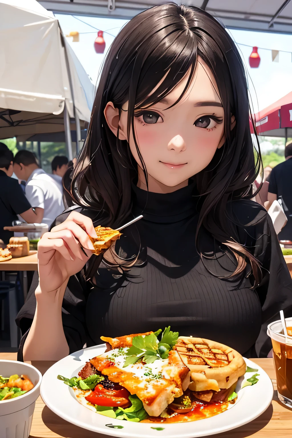 Anime girl eating a meal at a restaurant with a plate of food - SeaArt AI