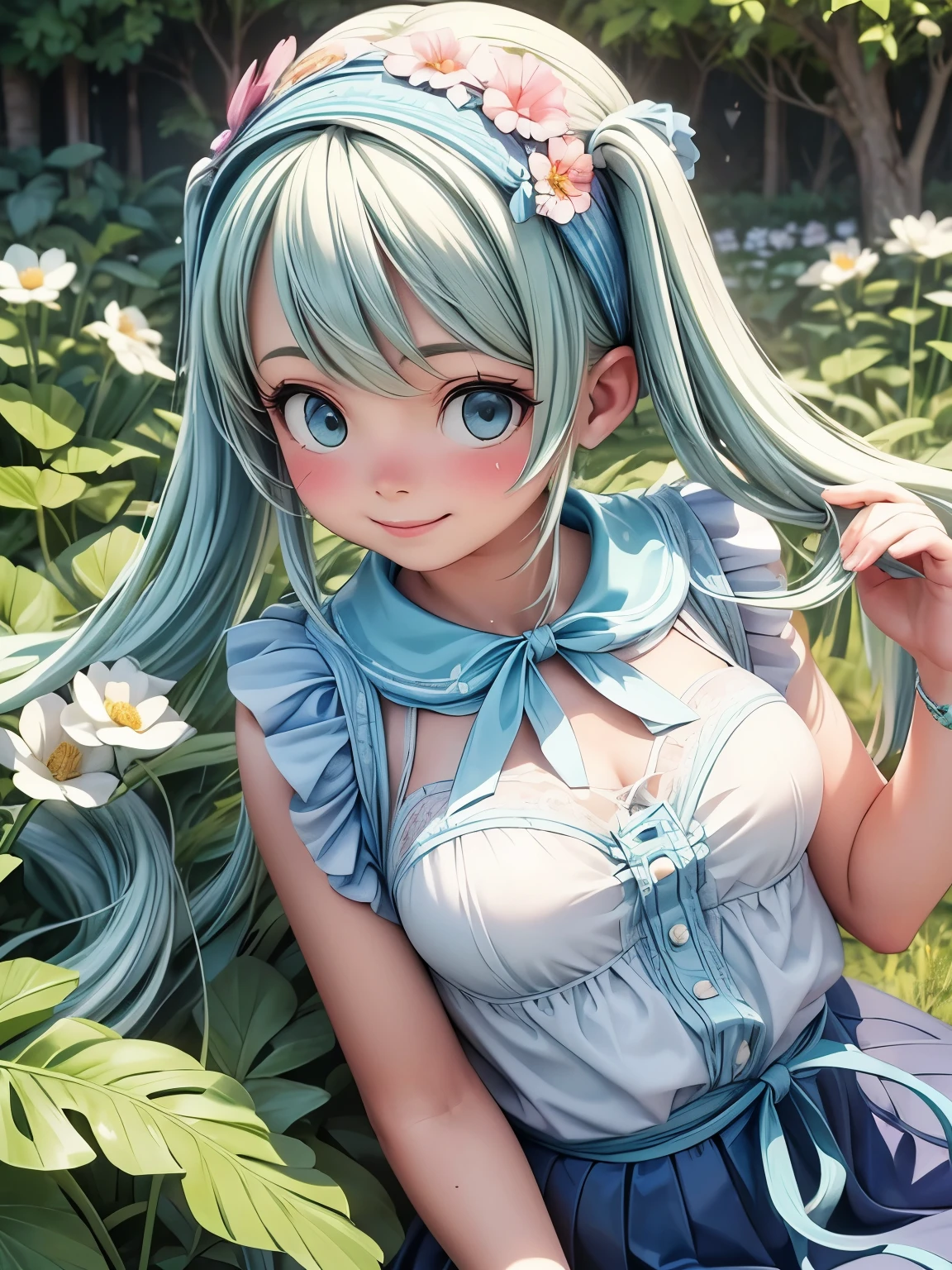 (masterpiece、highest quality、highest quality、Official Art、Beautiful and beautiful:1.2)、(One girl:1.3)Hatsune Miku、Twin tails,Big Breasts,Emily Sears ultra-realistic close-up photo, A blue peasant blouse with a blue skirt and fringe accessories. She wears a long headband or a flower crown, Flowing Hair. The stage is、Bohemian outdoor music festival and peaceful nature background, 60s Retro 69 Punch 75 captures the free-spirited, laid-back atmosphere of the era,  Beautiful woman, skinny, Large Breasts, Straight blonde hair, Detailed face, smile, To the camera, Photo taken from a distance, 20-year-old,