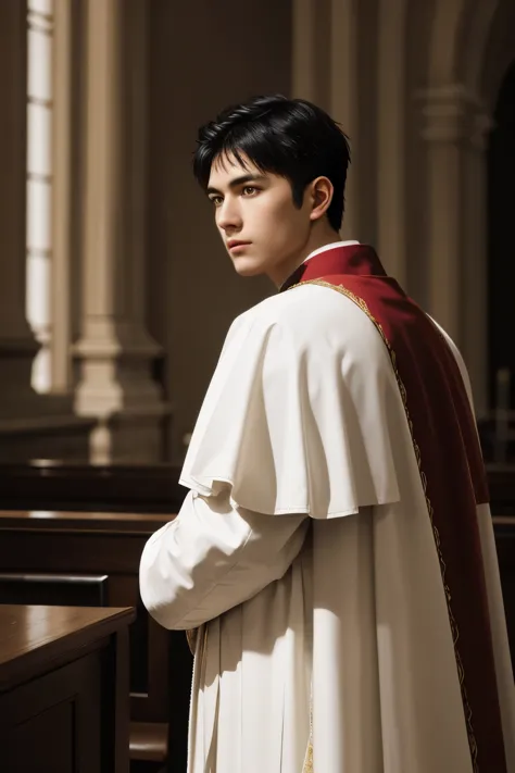 looking back, DariusFerdynand wearing well-fitted sleeveless red and white sheer tight Roman-Catholic-pope robe-armor, looking a...