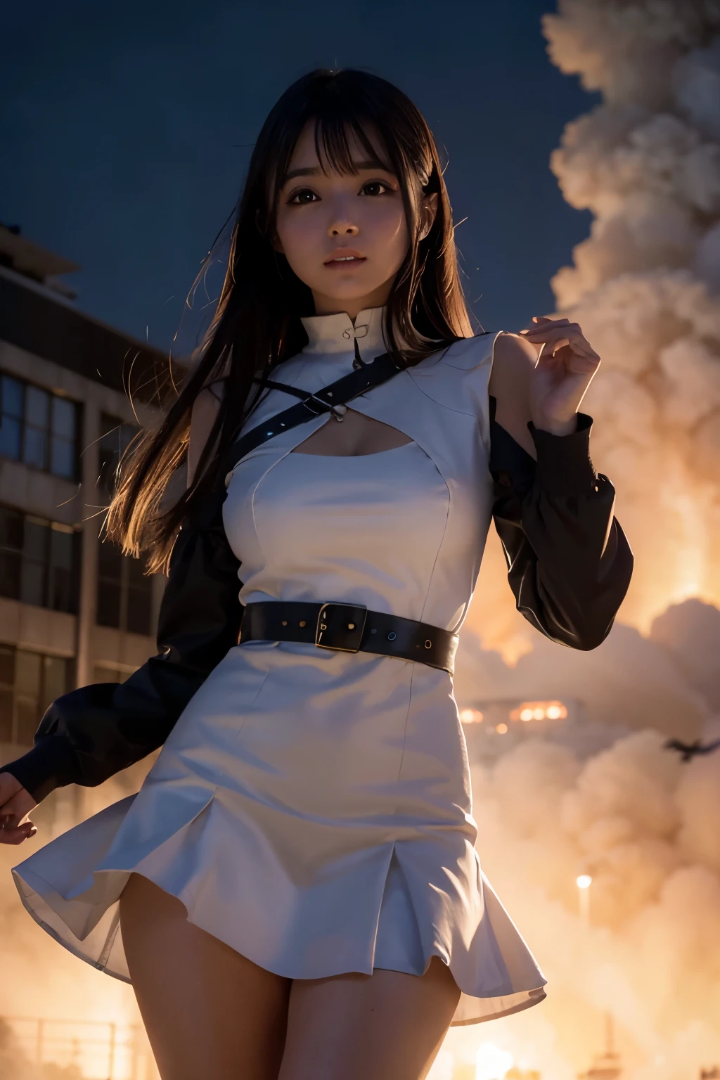 Giantess wearing short dress, GTS city of the year 3333, City buildings, smoke billowing, nube, Tornado, lightning strikes, Evil, realistic lighting, high jump, from low, birds flying,