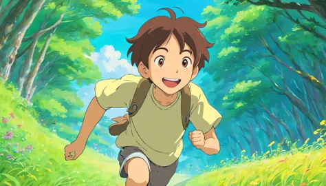 A cheerful boy running with a smile