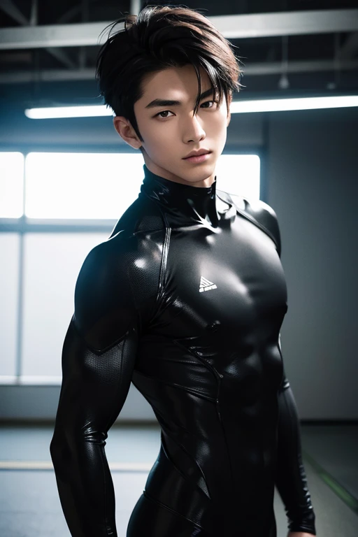 modelo masculino japonês　Legal, 18 anos　cabelo preto curto　slim and muscular　Intenso　tela brilhante　imagem aproximada　todo o corpo　Terno
