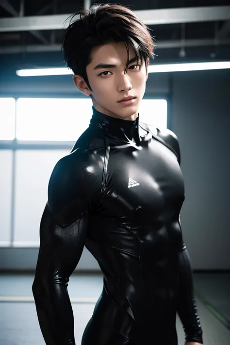 Japanese Male Model　Cool 18 year old　Short black hair　slim and muscular　intense　Bright screen　Close-up image　whole body　suit