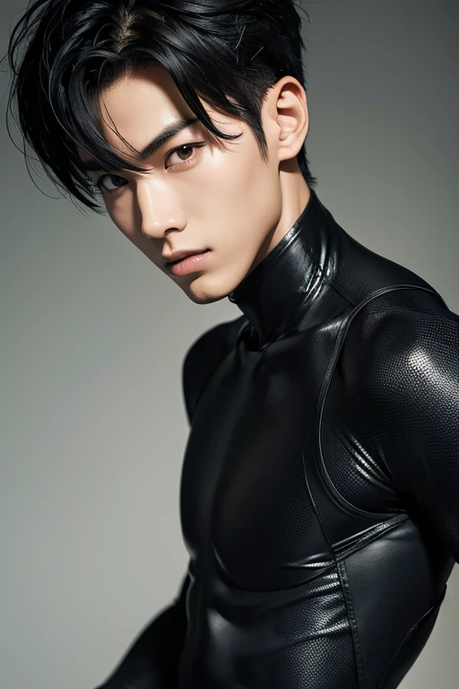 modelo masculino japonês　Legal, 18 anos　cabelo preto curto　slim and muscular　Intenso　tela brilhante　imagem aproximada　todo o corpo　Terno