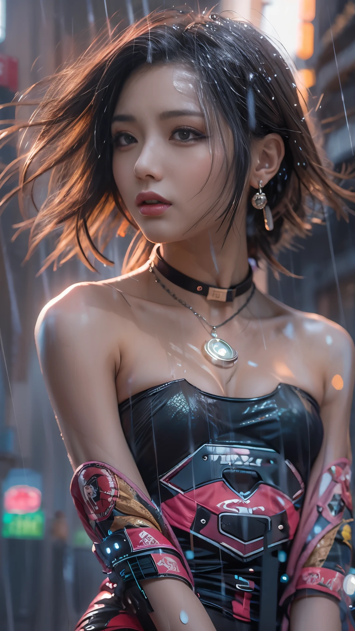 (Realistic:1.3, 16k, highest quality, masterpiece, Ultra-high resolution), ((rain, From below)), Perfect dynamic composition:1.2, (Modern futuristic city at night, Expressions of sadness:0.5, motorcycleを運転する:0.5), Highly detailed skin and facial textures:1.2, Young Japanese Woman, Incredibly slim body, Fair skin, Sexy beauty, Very beautiful face, beautifully、aesthetic, (Pink tight skirt, Wear cyberpunk clothes), (Shapely breasts, Chest gap), (Big eyes that exude beautiful eroticism, Lips that exude beautiful eroticism), necklace, Earrings, bracelet, wedding ring, Shoulder bag, clock, sunglasses, motorcycle, Cowboy Shot