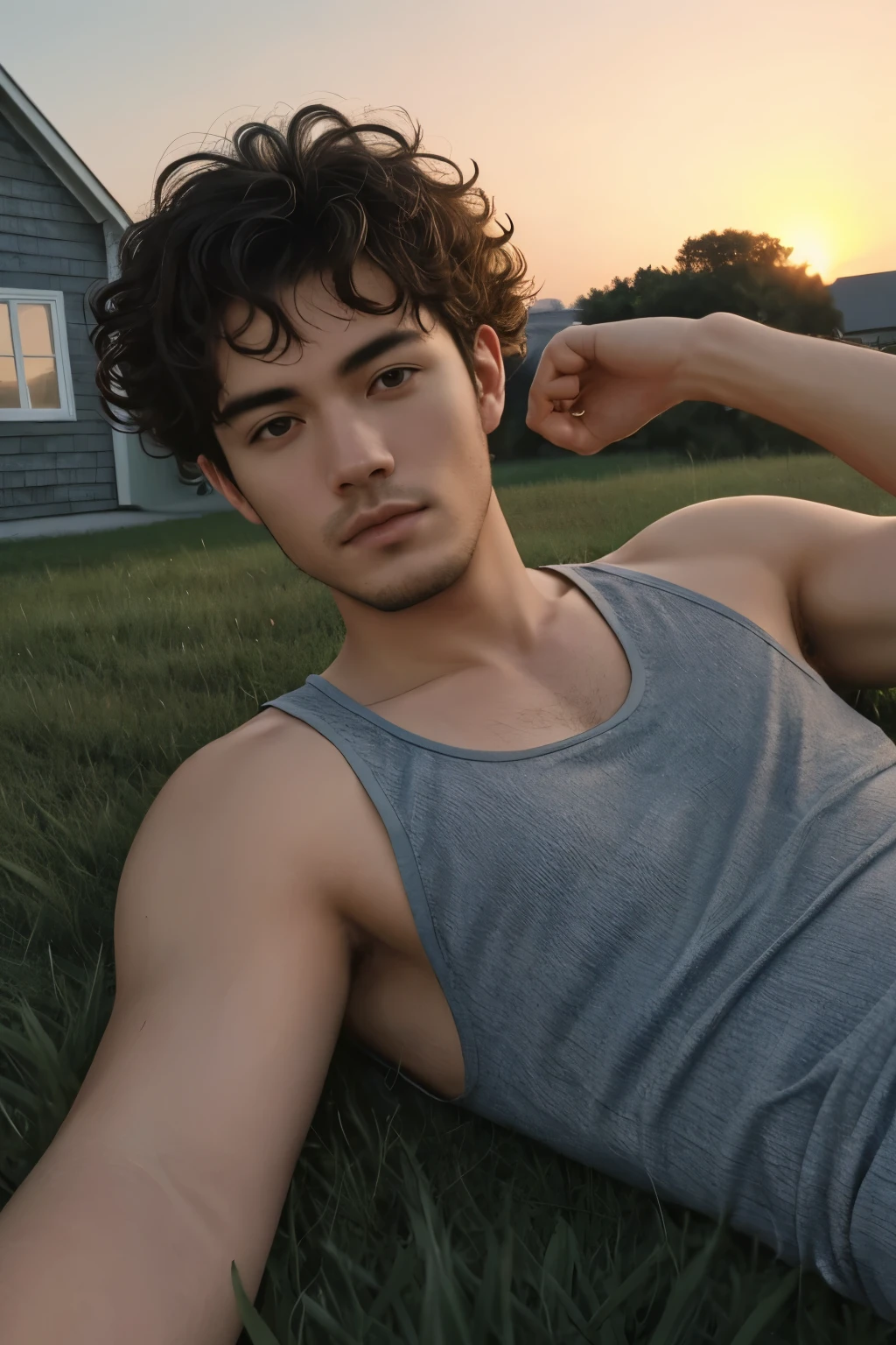 Hyperrealistic art photo of typerson a man, curly hair, wearing a tank top, outside a house, laying down on grass, sunset, looking at viewer,  . Extremely high-resolution details, photographic, realism pushed to extreme, fine texture, incredibly lifelike