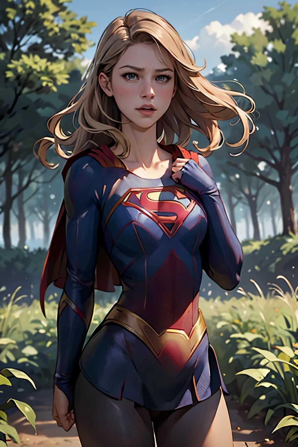 ((highest quality)), ((masterpiece)), (be familiar with), (High definition), (Realistic), (Realistic), (Best Shadow), Low contrast, (Complex:1.4), Side lighting, 8K, ((melissa Benoist)), ((SUPER GIRL)), Perfect Face、Detailed、(Accurate hand and finger depiction)、supergirl women、Blonde、Voluptuous body、(Large Breasts)、Narrow waist、(Big Ass)、Alluring、glamorous、(Putting a hand to your mouth)、(Shame:1.2)、(Embarrassed expression:1.2)、Flushing、sweating、On the grass、in the deep forest、blue sky