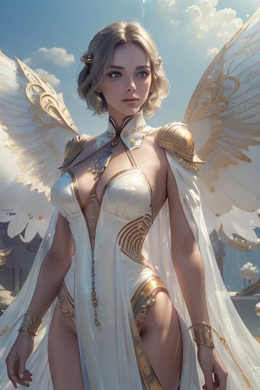 (master piece:1.8), (best quality:1.8), (exquisite lighting and shadow, highly dramatic picture, cinematic lens effect) 8k, wallpaper, looking at the viewer, open arms, female very short gold hair thin and tall fantasy angel lady wearing a smooth and futuristic white dress with gold ornaments and gold lines, thin waist, hips, white angel wings, serious look in the eyes, beautiful blue eyes, beautiful lips, shiny sun behind, clouds and sky background, ethereal lightning, sharp focus
