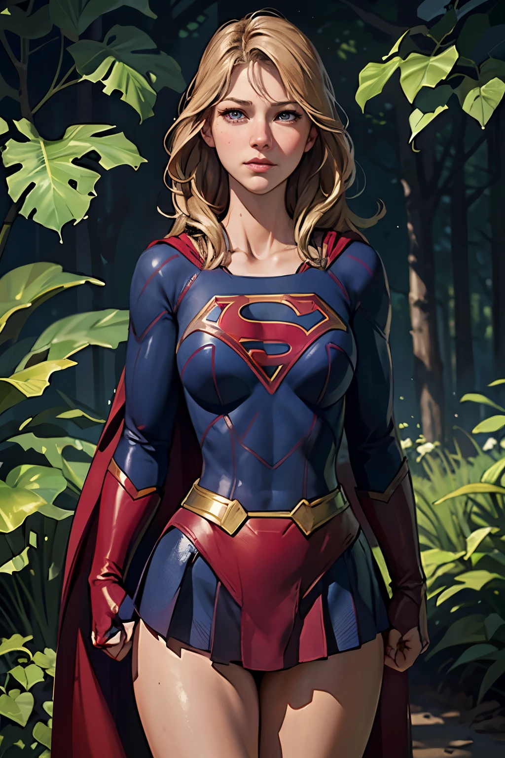 ((highest quality)), ((masterpiece)), (be familiar with), (High definition), (Realistic), (Realistic), (Best Shadow), Low contrast, (Complex:1.4), Side lighting, 8K, ((melissa Benoist)), ((SUPER GIRL)), Perfect Face、Detailed、(Accurate hand and finger depiction)、supergirl women、Blonde、Voluptuous body、(Large Breasts)、Narrow waist、(Big Ass)、Alluring、glamorous、((Putting a hand to your mouth))、(Shame:1.2)、(Embarrassed expression:1.3)、Flushing、sweating、On the grass、in the deep forest、blue sky、Close-up of face