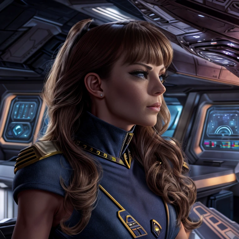 blunt bangs, Futurism, chiaroscuro, cinematic lighting, ray tracing, reflection light, blending, Fujicolor, first-person view, multiple views, dutch angle, wide shot, atmospheric perspective, best quality, highres, 1080P, retina, masterpiece, anatomically correct, textured skin, super detail, high details, Female starship Enterprise captain stands on the Enterprise bridge and commands her starship crew, in the background large window with another starship firing on the Enterprise, short captain uniform dress. Boots belt with weapon, computer consoles, screens, buttons, switches, touch screen, several crew members on the bridge, ((Starship Enterprise insignia on the chest: 1.5)), Short tight uniform dress with deep V-neck, (((Large spaceship bridge: 1,4))), ((Several crew members are sitting at consoles on the Enterprise bridge: 1.3)), ((heavily made up, long eyelashes, long fingernails: 1.5)), commanding posture, (((whole person: 1.5)))
