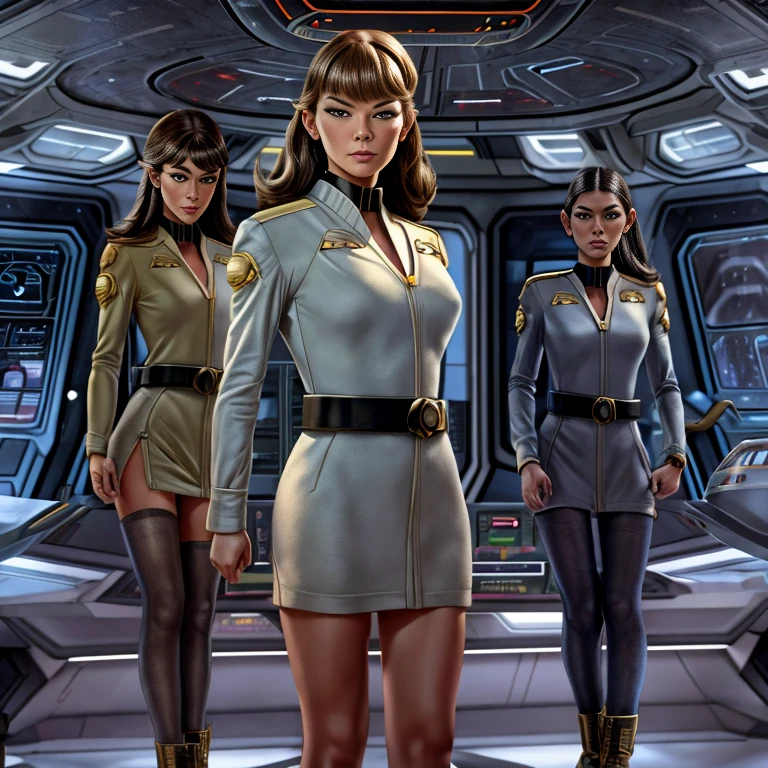 blunt bangs, Futurism, chiaroscuro, cinematic lighting, ray tracing, reflection light, blending, Fujicolor, first-person view, multiple views, dutch angle, wide shot, atmospheric perspective, best quality, highres, 1080P, retina, masterpiece, anatomically correct, textured skin, super detail, high details, Female starship Enterprise captain stands on the Enterprise bridge and commands her starship crew, in the background large window with another starship firing on the Enterprise, short captain uniform dress. Boots belt with weapon, computer consoles, screens, buttons, switches, touch screen, several crew members on the bridge, ((Starship Enterprise insignia on the chest: 1.5)), Short tight uniform dress with deep V-neck, (((Large spaceship bridge: 1,4))), ((Several crew members are sitting at consoles on the Enterprise bridge: 1.3)), ((heavily made up, long eyelashes, long fingernails: 1.5)), commanding posture, (((whole person: 1.5)))
