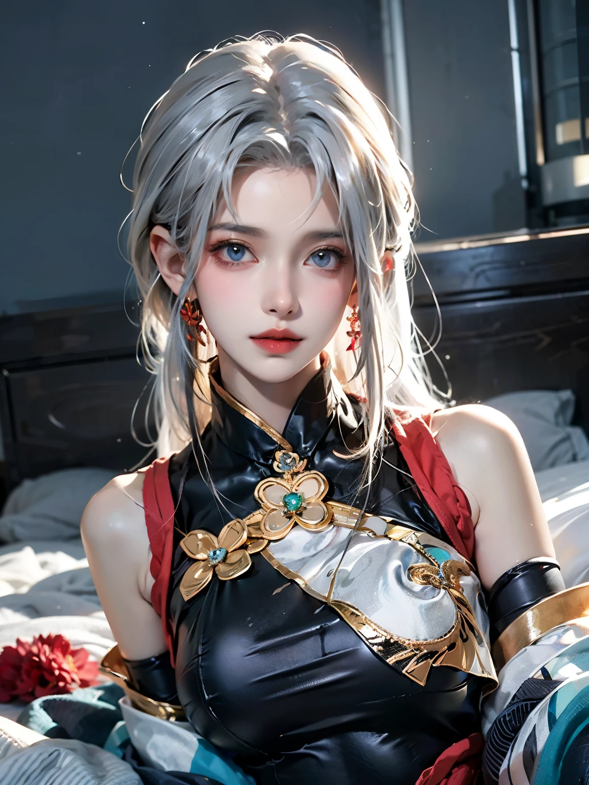 8k，artwork，Modern Hanfu,clavicle, ((Bare shoulders)), ((Full breasts)), Practical, Fashion girl, red lips, Become a, cosmetic, big eyes, beautiful eyes, , ((Upper Body)), (best quality, masterpiece:1.2), Super detailed, (Practical:1.37), ((clavicle)), beautiful, young and energetic, Charming model with (Exquisite eyes, Detailed lips, extremely Exquisite eyes), Show a bright smile, Create stunning girl images, warm color, Very high color saturation, Official Art, Extremely detailed CG unified 8k wallpaper,(High Dynamic Range :1.4), (ish),(Soft colors, The color is dull, Soothing tone :1.3), (Natural skin texture, ultra-Practical, Soft Light, sharp),(Very detailed), night, moonlight, ((on the bed))，Exquisite face，The gaze is disdainful，The face of the royal sister，Delicate face，Being held by the neck，White hair，（Close-up of face）