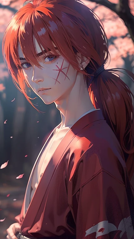 Kenshin Himura (battousai),portraits,extremely detailed eyes and face,historic samurai,peaceful expression,flowing red hair,determined look,traditional Japanese clothing,traditional katana,scenic cherry blossom background,portrayed in a dynamic pose,soft ambient lighting,vibrant colors, X mark in the face, X mark on left cheek, X mark in the face is dark, X mark in the face is big 