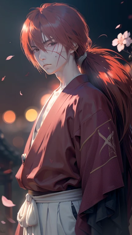 Kenshin Himura (battousai),portraits,extremely detailed eyes and face,historic samurai,peaceful expression,flowing red hair,determined look,traditional Japanese clothing,traditional katana,scenic cherry blossom background,portrayed in a dynamic pose,soft ambient lighting,vibrant colors, X mark in the face, X mark on left cheek, X mark in the face is dark, X mark in the face is big 