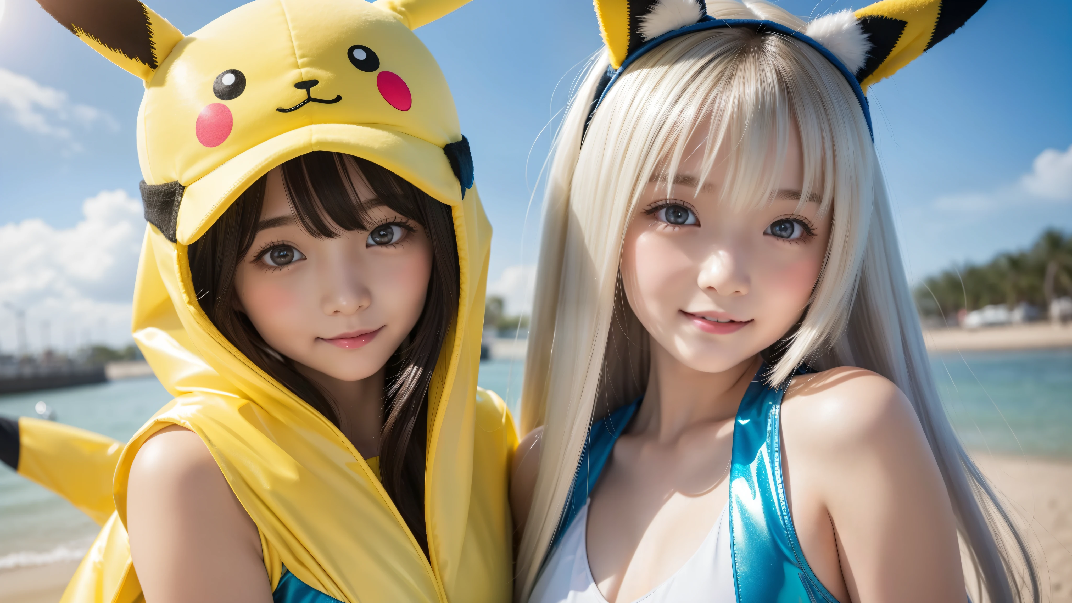 Two girls dressed in pokemon costumes posing for a picture - SeaArt AI