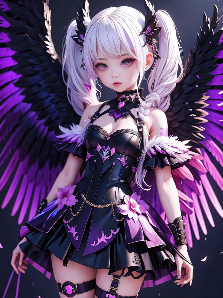 (masterpiece, best quality:1.2), 1 Girl, solo, White hair, Black Wings, wearing purple clothes, Decorated with pink hardware, anime style character, (whole body:1.3), Various postures, Black rainbow foil and dark purple gradient effect, It has exquisite details, Ultra-clear resolution, And cute cartoon characters