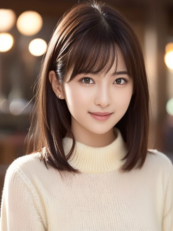 1 girl,(ivory sweater:1.4),, (RAW Photos, highest quality), (Realistic, Photorealistic:1.4), Tabletop, Very delicate and beautiful, Very detailed, 8k wallpaper, wonderful, finely, Very detailed CG Unity, High resolution, Soft Light, Beautiful and detailed 29 year old girl, Very detailed目と顔, Beautiful and detailed nose, finelyて美しい目,City lights during the day,Perfect Anatomy,Slender body,smile  (Asymmetrical bangs, Light brown hair,)cherry blossoms