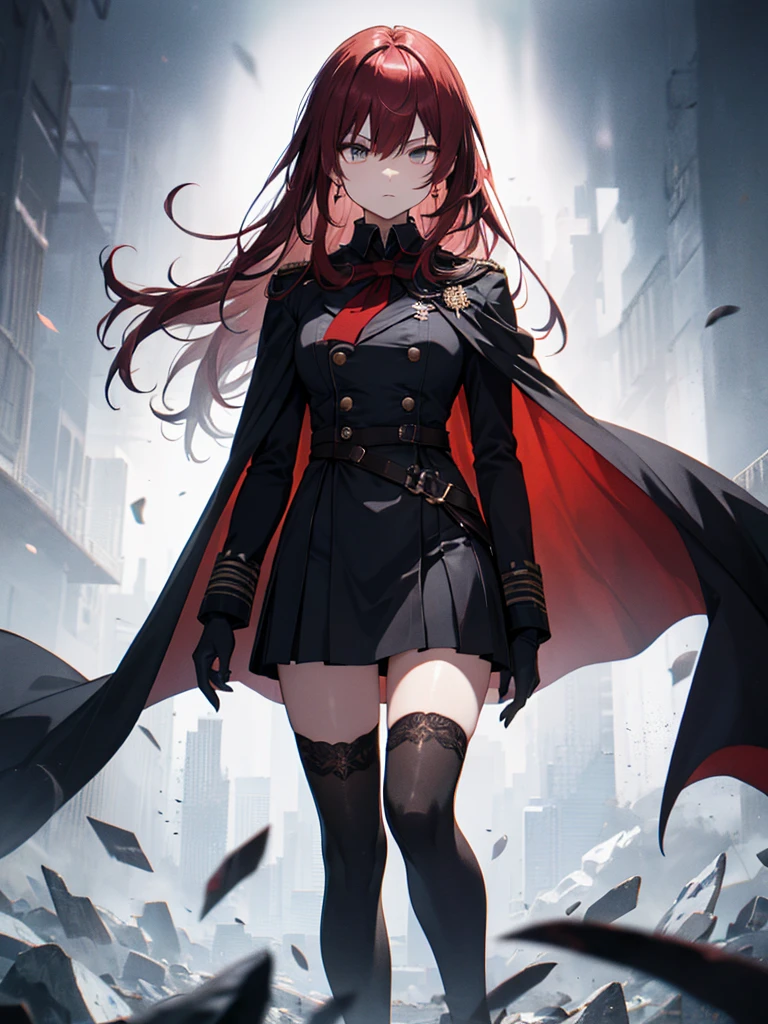 8K、Very detailed、(Best illustrations)、(Beautiful detailed eyes)、anger、Glare、Hall々Standing with a straight face、executor、Red Long Hair、Black Cape、uniform、all black clothes、Black gloves、Strict look、Dignified、darkness、Fighting pose