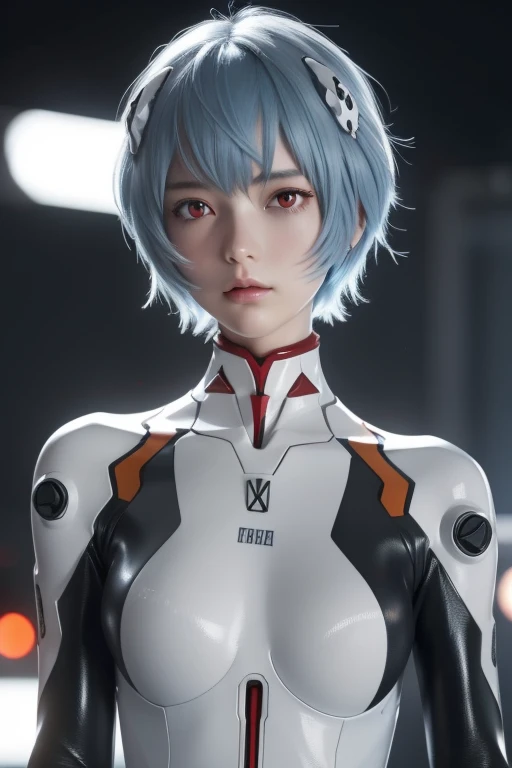 Ayanami, Very realistic, Full body image, Blue hair blowing in the wind, Highly detailed hair, short hair, (Red eyes:1.4), 
small breasts, Small breasts, bodysuit, headgear, hair pods, interface headsets, Plug Suit, White bodysuit, 
outdoors, In a futuristic cityscape, looking at side, (masterpiece:1.2), 
highest quality, High resolution, Unity 8k wallpaper, (figure:0.8), (Beautiful fine details:1.6), Highly detailed face, Perfect lighting, Highly detailed photos, (Perfect hands, Perfect Anatomy)