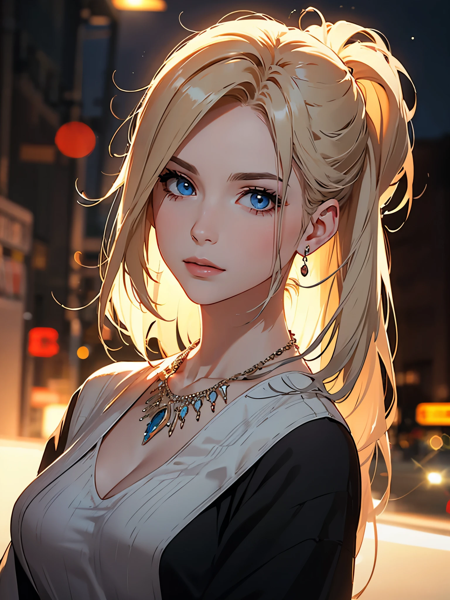 best quality, masterpiece, high resolution, A girl, blond, Blue eyes, fashion clothing, necklace, jewelry, Pretty Face, Perfect breasts, more than_Body, Tyndall effect, lifelike, Dark Studio, Side lighting, Two-color lighting, (HD Skin:1.2), 8k Ultra HD, SLR camera, Soft Light, high quality, Volumetric Lighting, frank, photography, high resolution, 4K, 8k, Bokeh,