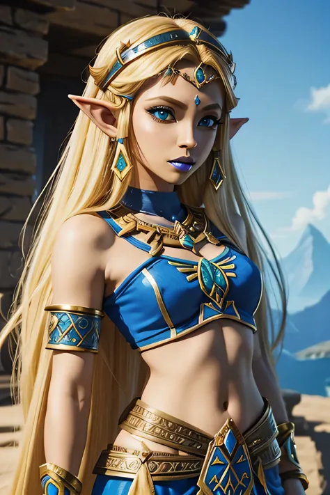 princess zelda(the lagend of Zelda) in Gerudo outfit, light skin , blue lipstick, blonde, zeldas face
