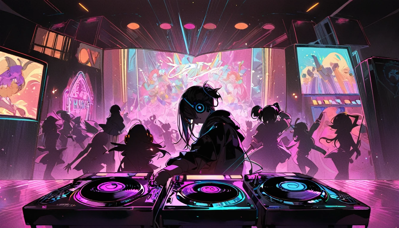 2. A DJ spinning records at a music festival - "Beats and grooves"
3. Silhouettes of dancers in a dark room with neon lights - "Electric ,chat ear,caos