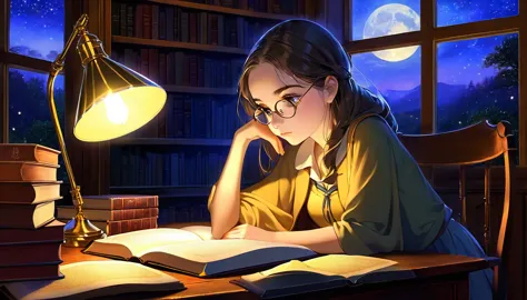 masterpiece, best quality, 1girl, cozy corner, jumble of books, profound study, desk lamp, yellow glow, peaceful ambiance, quiet...