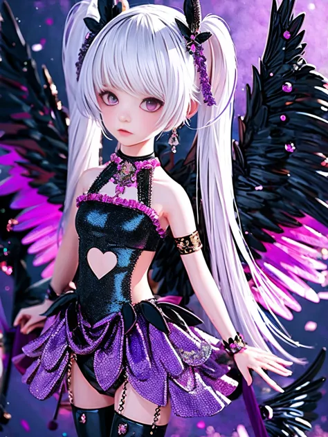 (masterpiece, best quality:1.2), 1 Girl, solo, White hair, Black Wings, wearing purple clothes, Decorated with pink hardware, an...