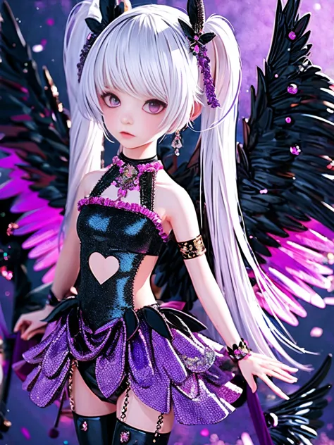 (masterpiece, best quality:1.2), 1 girl, solo, white hair, black wings, wearing purple clothes, decorated with pink hardware, an...