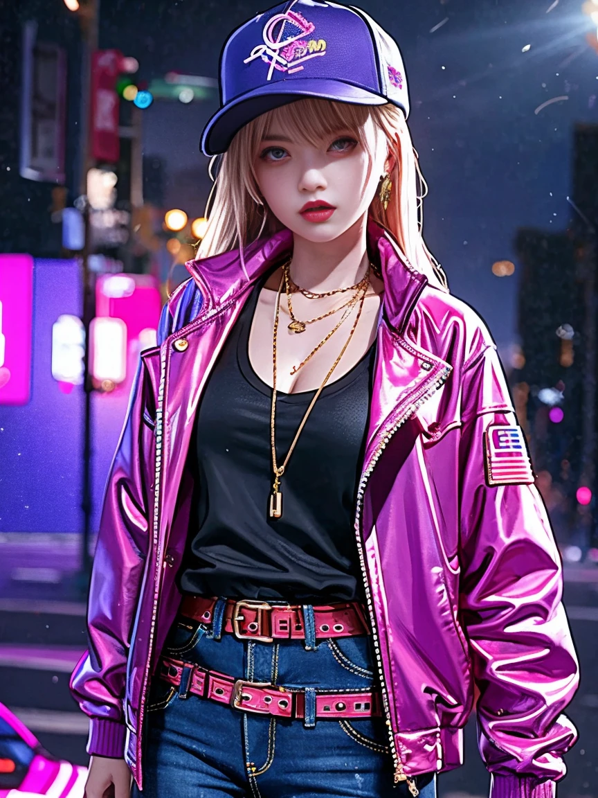 (Representative :1.2), 16k, neon background, Cyberpunk background, Cyberpunk, get off the sports car, Neon lighting effect reflected on the character's body, neon lighting effect, line neon,1 girl, night, blurred background, brown eyes, cowboy, denim jacket, depth of field, hands in pockets, upper body, slanted body, above hips, hat, hoodie, coat, jeans, lips, looking at the viewer, neon, open clothes, open jacket, slightly lifted lips , rainbow, shirt, solo, standing，(Exquisite and perfect demeanor:1.3)，(dream)，(Ultra HD, masterpiece, precise, Anatomically correct, textured skin, High Detail, high quality, The award-winning, 8k)