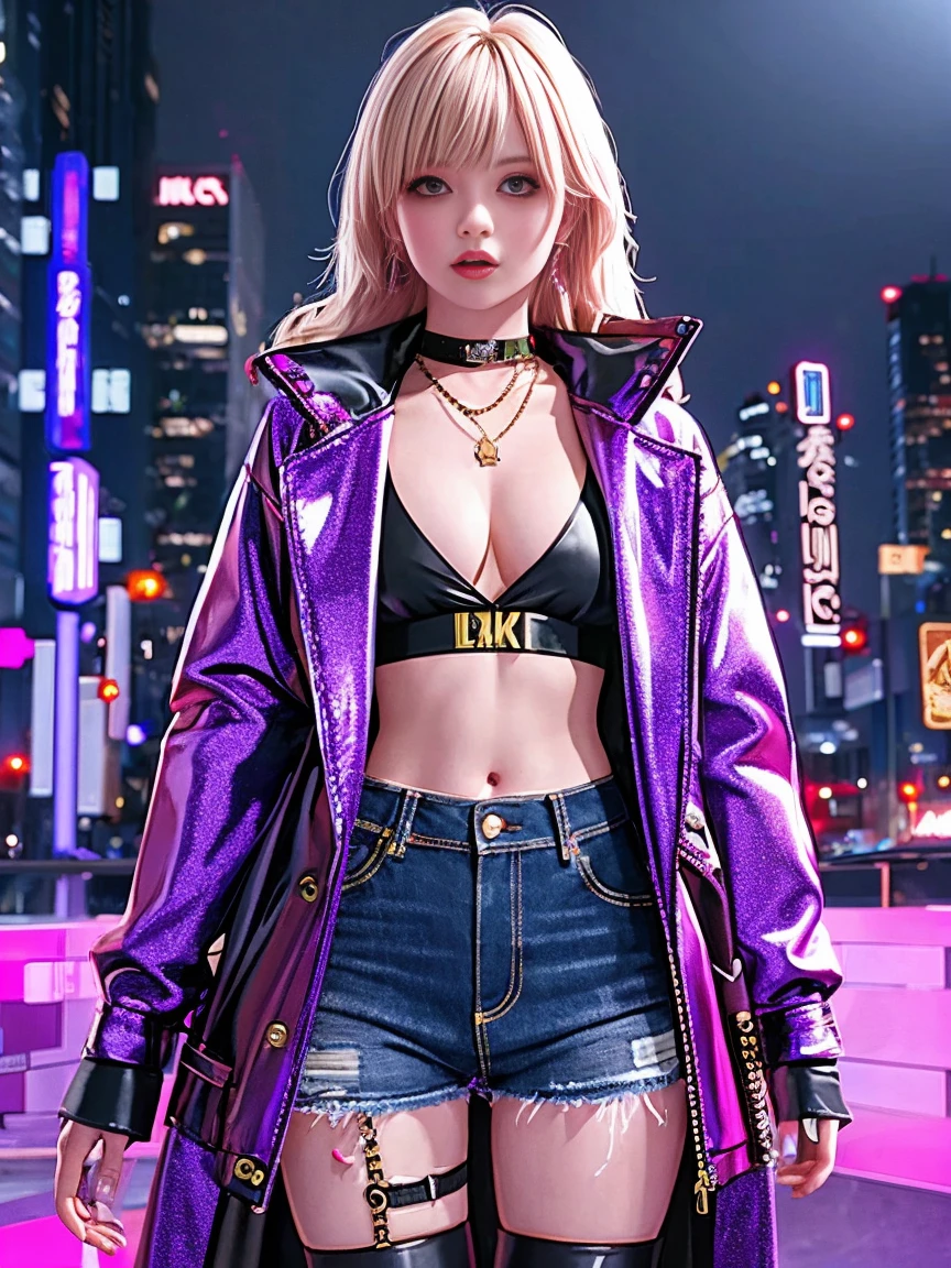 (Representative :1.2), 16k, neon background, Cyberpunk background, Cyberpunk, get off the sports car, Neon lighting effect reflected on the character's body, neon lighting effect, line neon,1 girl, night, blurred background, brown eyes, cowboy, denim jacket, depth of field, hands in pockets, upper body, slanted body, above hips, hat, hoodie, coat, jeans, lips, looking at the viewer, neon, open clothes, open jacket, slightly lifted lips , rainbow, shirt, solo, standing，(Exquisite and perfect demeanor:1.3)，(dream)，(Ultra HD, masterpiece, precise, Anatomically correct, textured skin, High Detail, high quality, The award-winning, 8k)