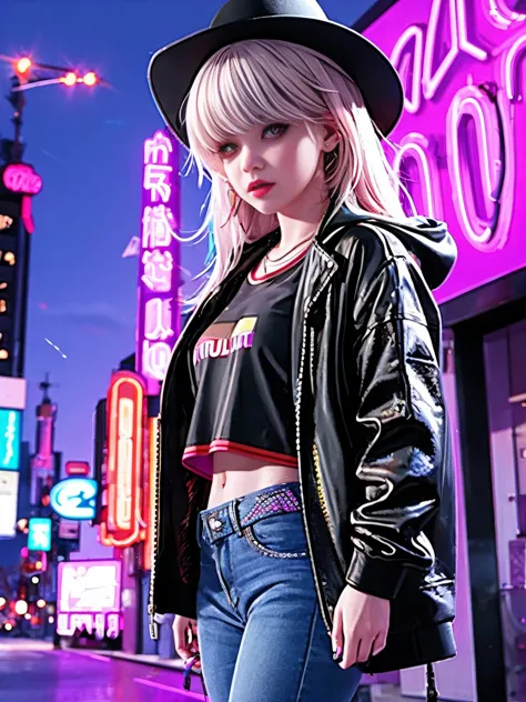 (Representative :1.2), 16k, neon background, Cyberpunk background, Cyberpunk, get off the sports car, Neon lighting effect refle...