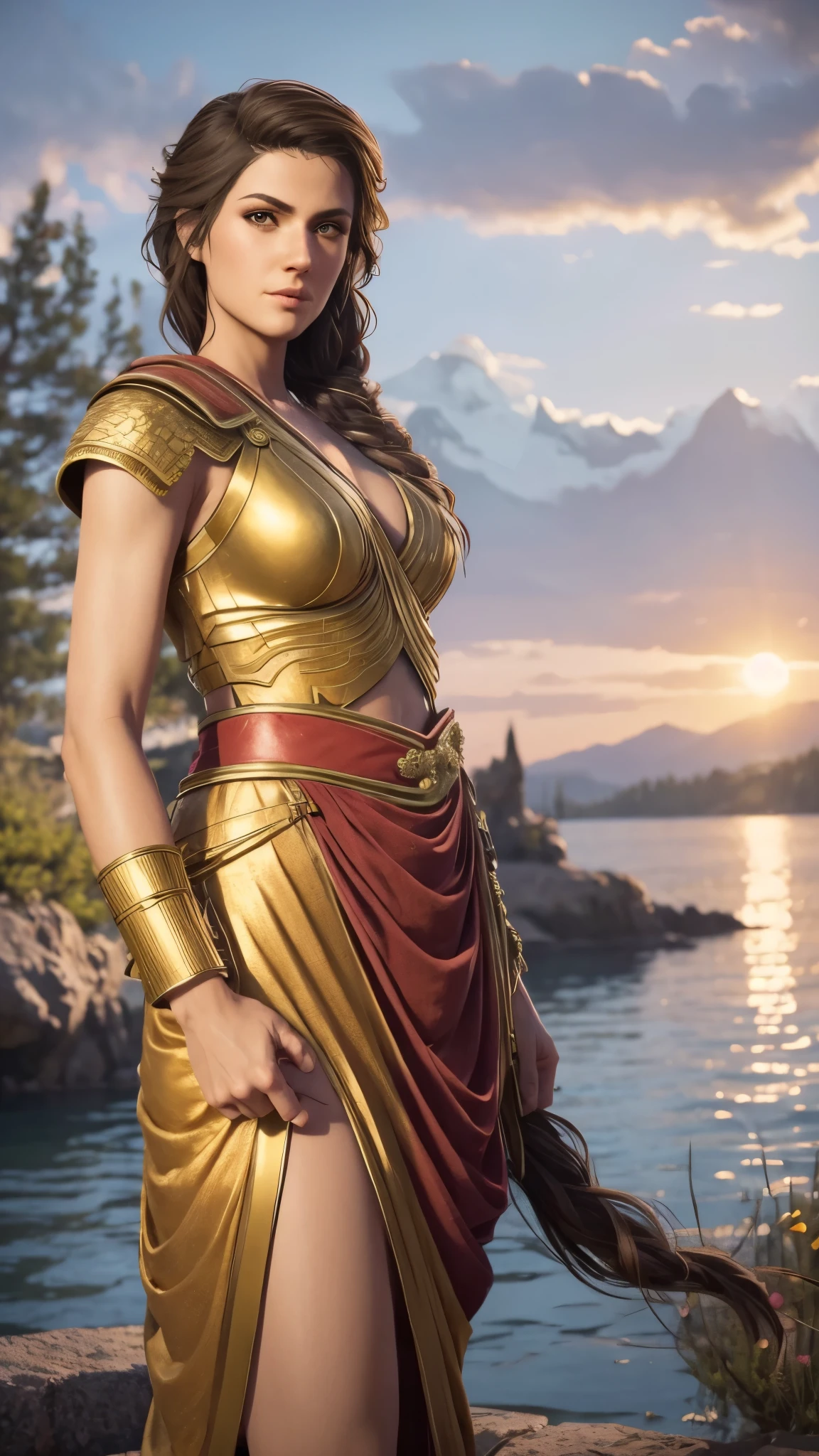 Kassandra, masterpiece, best quality, detailed, (1girl), solo, detailed golden eyes, long hair, standing, close to viewer, (detailed kimono), light smile, medium breasts,  (arms behind back), water, sunset, (hair ornament), (Sakura bloom),  snow mountain lake in the background