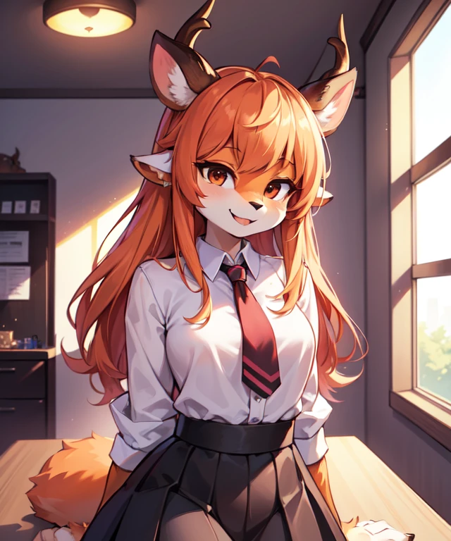 1girl, (anthro furry:1.2), TsunodaCzar, (two-toned fur, orange fur, black eyes, deer ears, horns, snout), (pink blouse, black skirt, smiling), (interior, office), (masterpiece:1.2), hires, ultra-high resolution, 8K, high quality, (sharp focus:1.2), clean, crisp, cinematic,