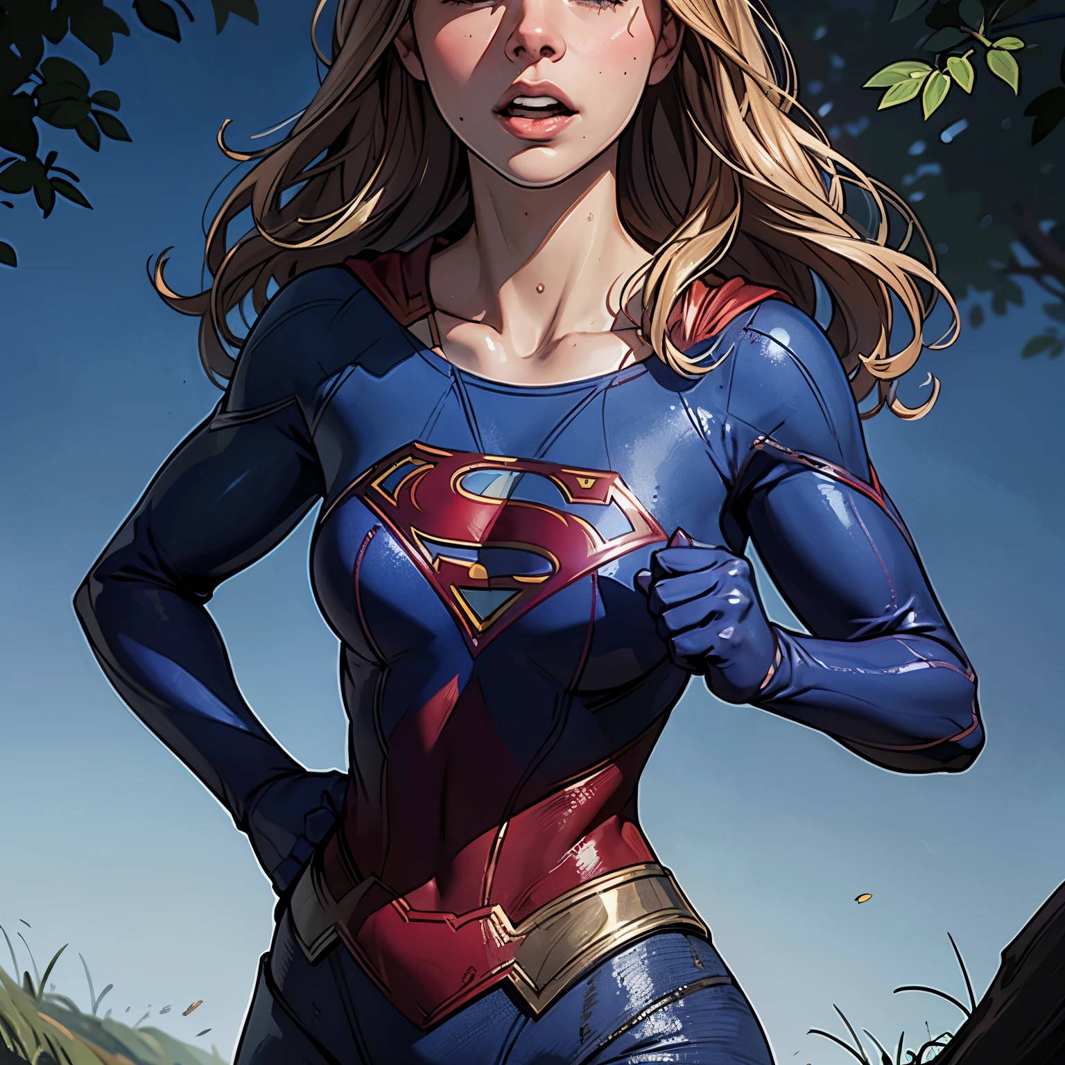 ((highest quality)), ((masterpiece)), (be familiar with), (High definition), (Realistic), (Realistic), (Best Shadow), Low contrast, (Complex:1.4), Side lighting, 8K, ((melissa Benoist)), ((SUPER GIRL)), Perfect Face、Detailed、(Accurate hand and finger depiction)、supergirl women、Blonde、Voluptuous body、(Large Breasts)、Narrow waist、(Big Ass)、Alluring、glamorous、((Putting a hand to your mouth))、(Shame:1.2)、(Embarrassed expression:1.3)、Flushing、sweating、On the grass、in the deep forest、blue sky、(Close-up of face:1.4)