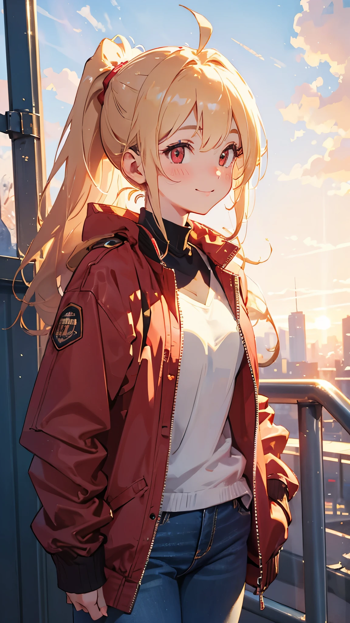 Beautiful woman、Small breasts、Blonde ponytail、Round red eyes:1.2、Professional Uniform:1.3、18-year-old:1.1、Red riders jacket with attention to detail:1.2、Wear a big jacket、Blue collar shirt、Skinny denim pants:1.2、Leather boots、Fine and beautiful skin、cute:1.2、Droopy eyes:1.2、blush、smile、Ahoge、Upper body close-up、Focus Only:1.2、Cinematic Light、Golden Hour Sky