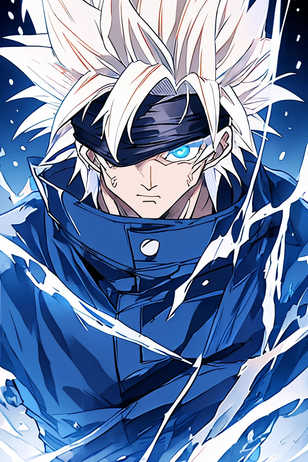 muscular man with long golden hair saiyan, blindfolded with one eye slightly open, bright blue eyes and wearing a black coat, with a confident look. A mixture of Gojo Satoru and Son Goku