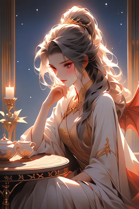 night, melancholic succubus, seated gracefully at a tea table atop her towering citadel. she gazes pensively across the vast des...