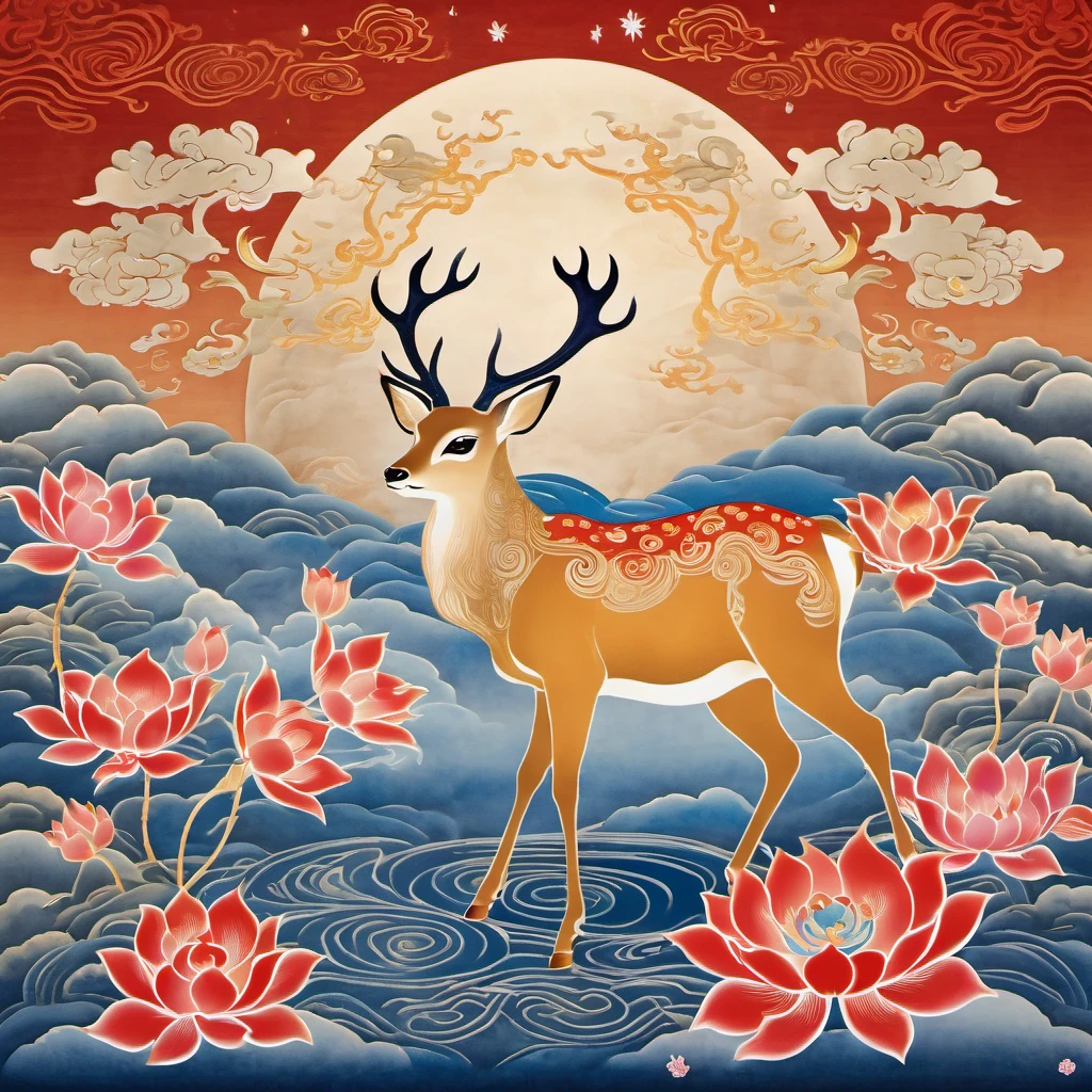 Dunhuang art style illustration,a magnificent nine-colored deer surrounded by auspicious clouds ,（The deer was shining with stars：1.36） Standing in the lotus pond ,extremely delicate brushstrokes, soft and smooth, China red and indigo, golden background