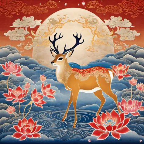 Dunhuang art style illustration,a magnificent nine-colored deer surrounded by auspicious clouds ,（The deer was shining with star...
