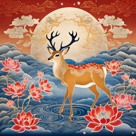 dunhuang art style illustration,a magnificent nine-colored deer surrounded by auspicious clouds ,（the deer was shining with star...