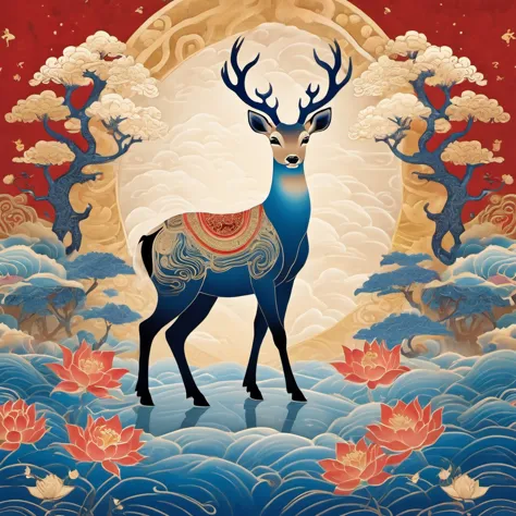 Dunhuang art style illustration,a magnificent nine-colored deer surrounded by auspicious clouds ,（The deer was shining with star...